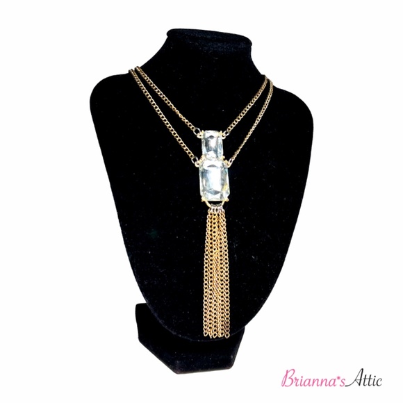 Gold Tone Long Square Crystal Necklace with Artistic Earrings - Picture 5 of 14